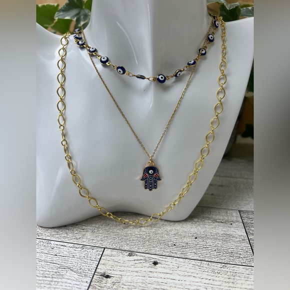 Gold Stylish Evil Eye Necklace Set - Trendy Boho Chic Layered Necklace - Picture 8 of 16